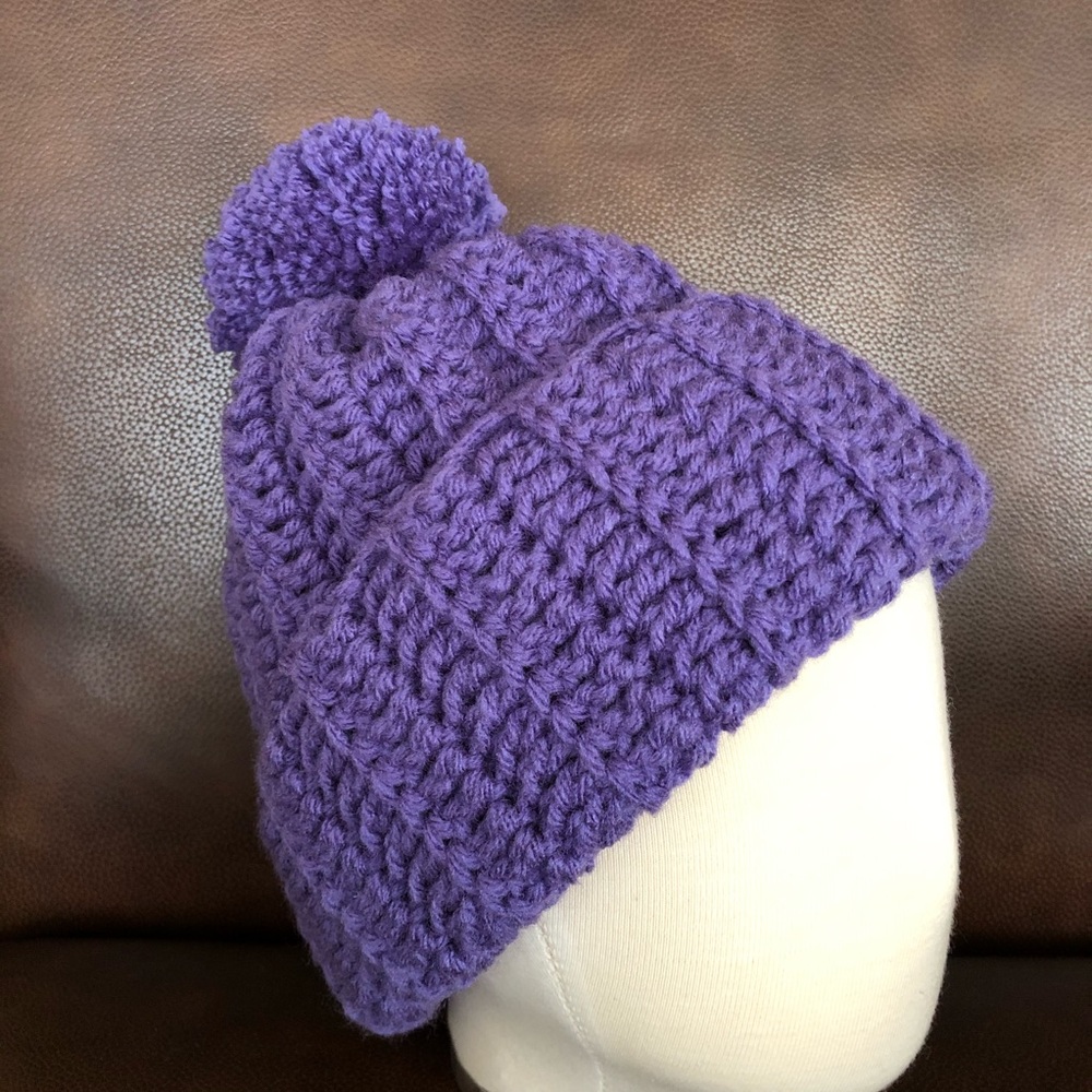 Toddler winter Pom Pom beanie hat handmade purple